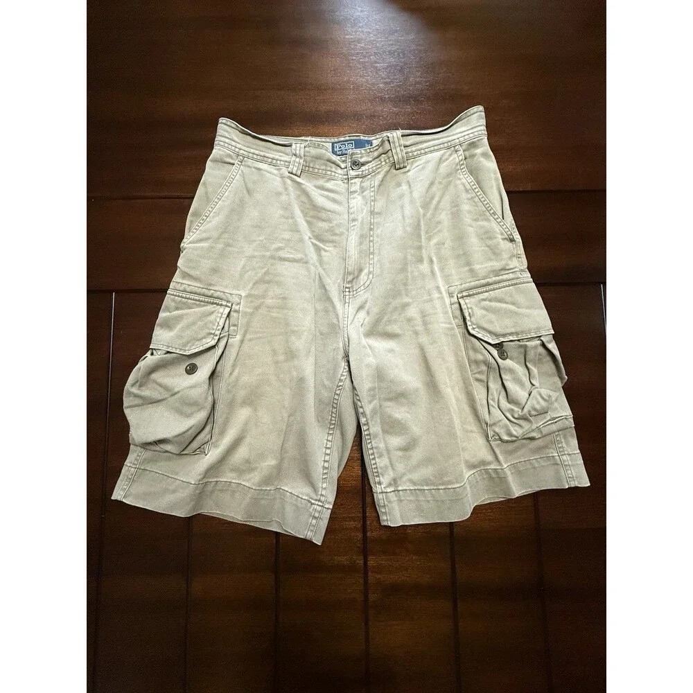 🔥Polo by Ralph Lauren Men's Size 34 Khaki Cargo Shorts Heavy Cotton Vtg Y2K
